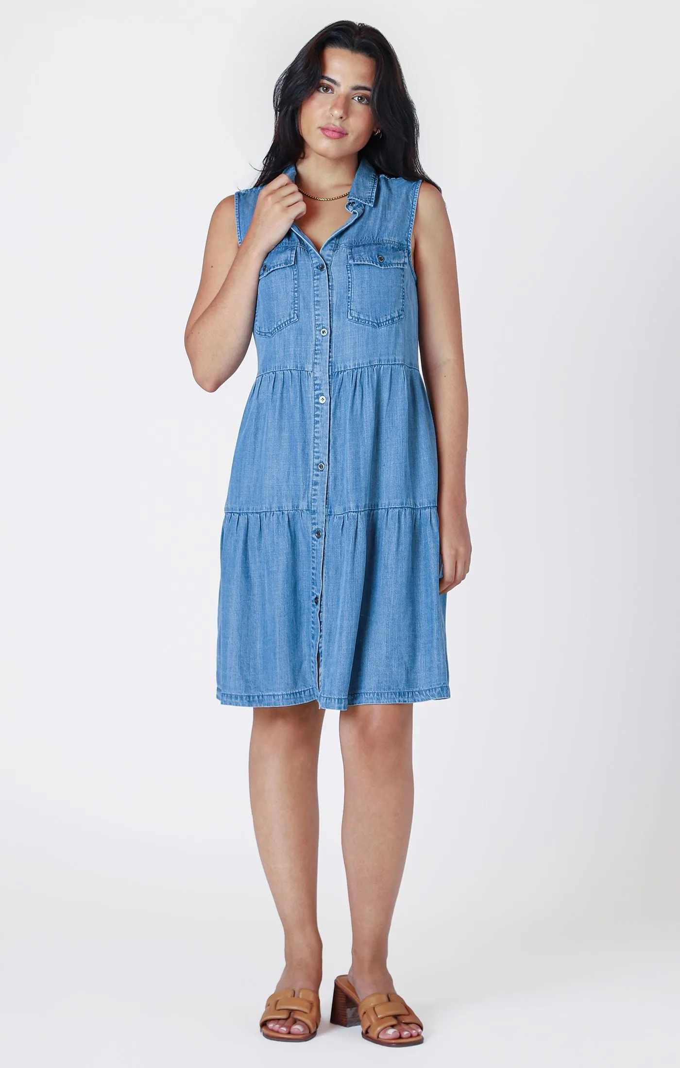 Tiered Utility Mini Dress - Medium Blue Wash