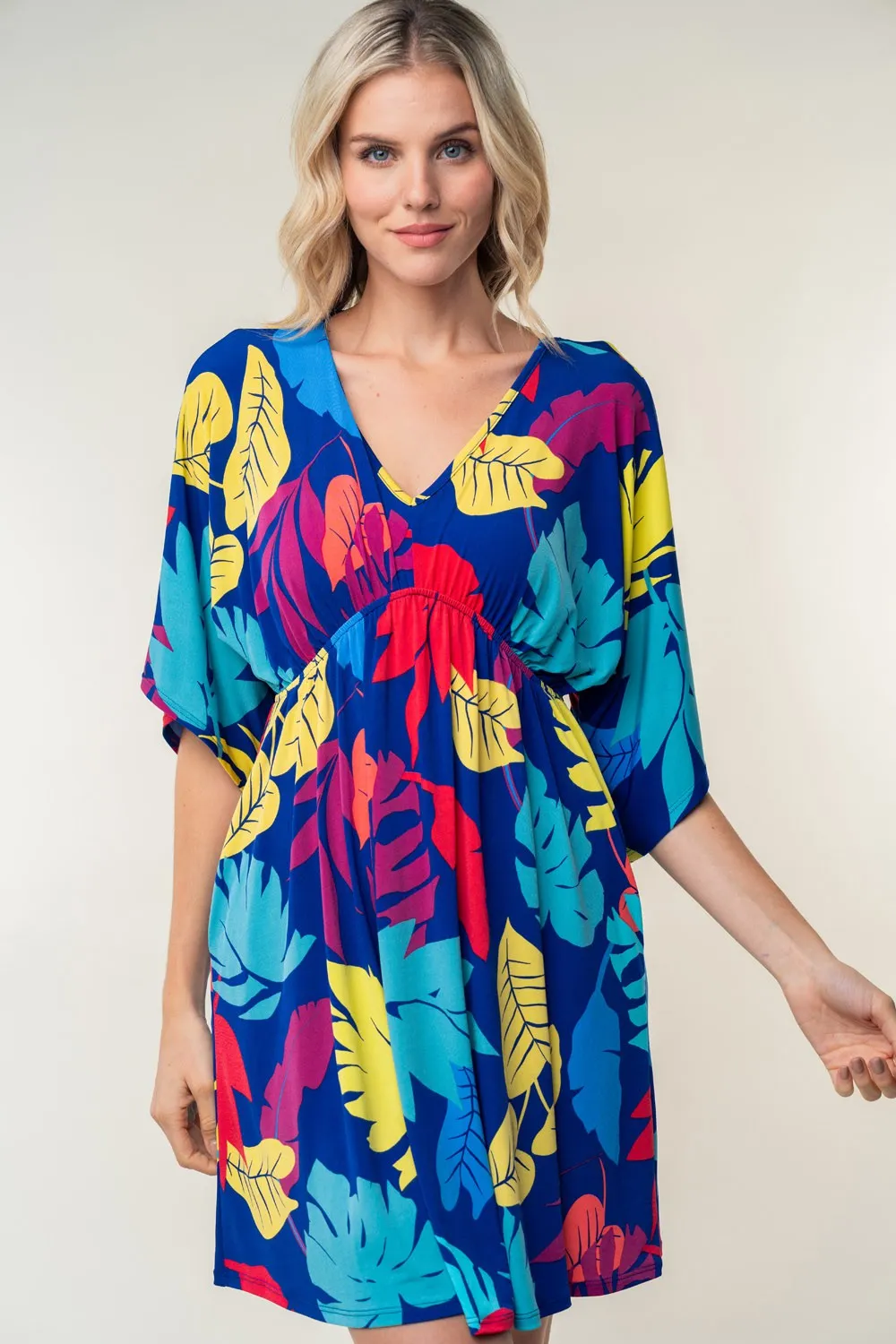 Tropical Flower Printed V-Neck Mini Dress