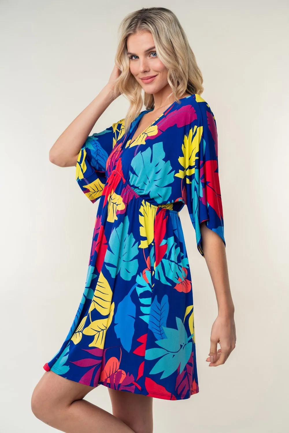 Tropical Flower Printed V-Neck Mini Dress