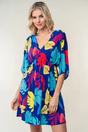 Tropical Flower Printed V-Neck Mini Dress