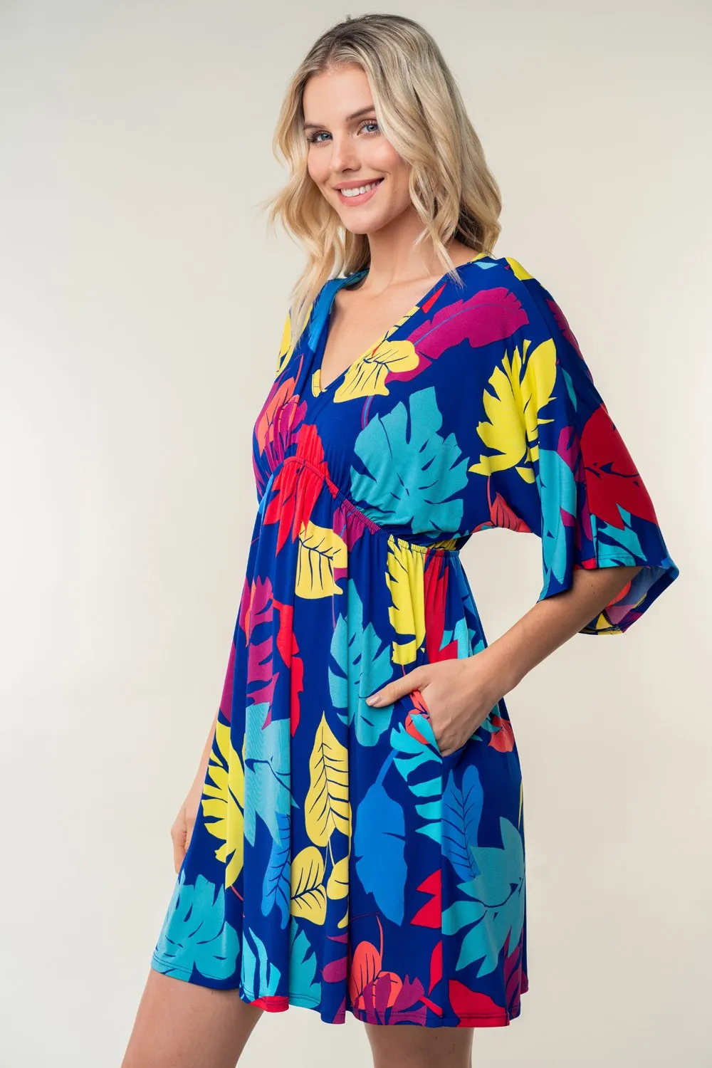 Tropical Flower Printed V-Neck Mini Dress