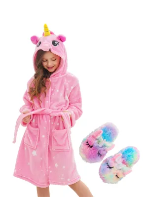 Unicorn Girls Robes Pajamas Pink Soft Hooded Bathrobe Sleepwear Matching Slippers For Girls - Doctor Unicorn