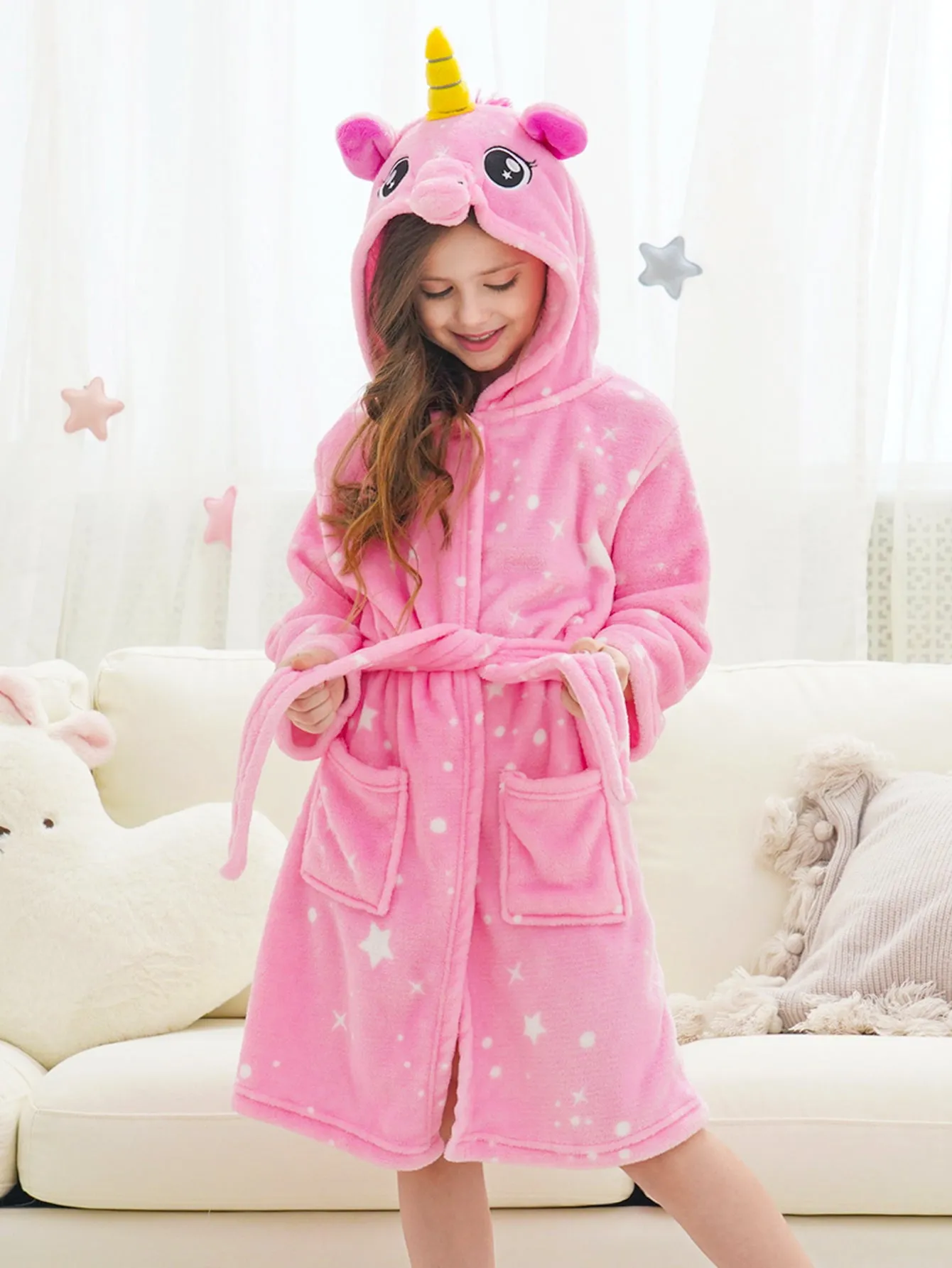 Unicorn Girls Robes Pajamas Pink Soft Hooded Bathrobe Sleepwear Matching Slippers For Girls - Doctor Unicorn