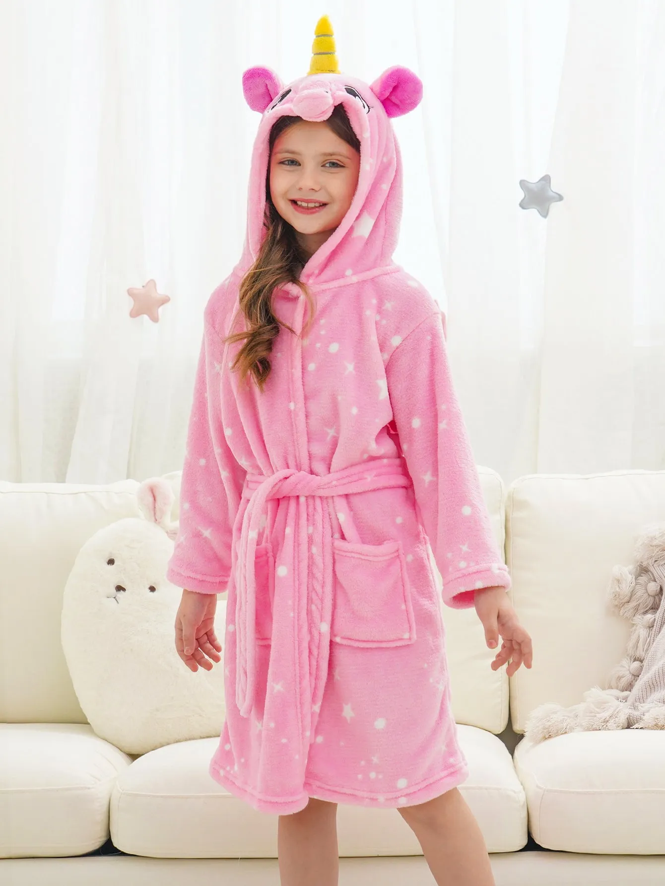 Unicorn Girls Robes Pajamas Pink Soft Hooded Bathrobe Sleepwear Matching Slippers For Girls - Doctor Unicorn