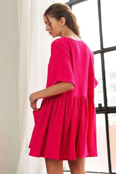 V-Neck Half Sleeve Dress with Pockets