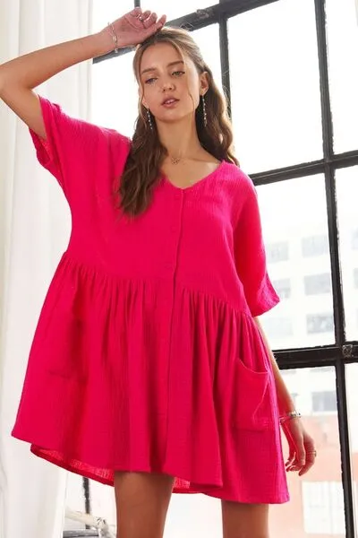 V-Neck Half Sleeve Dress with Pockets
