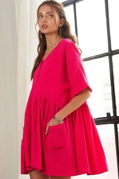 V-Neck Half Sleeve Dress with Pockets