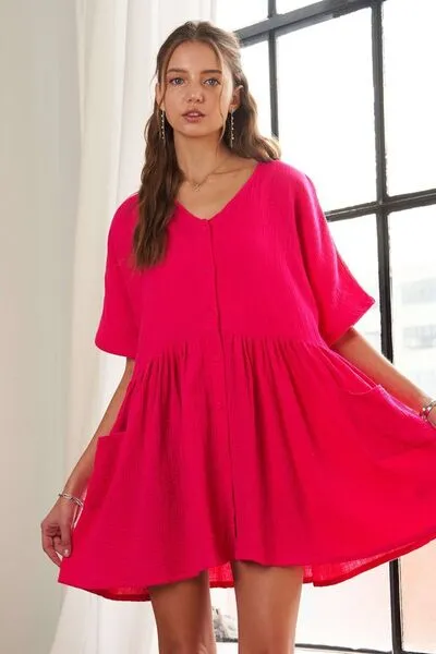 V-Neck Half Sleeve Dress with Pockets