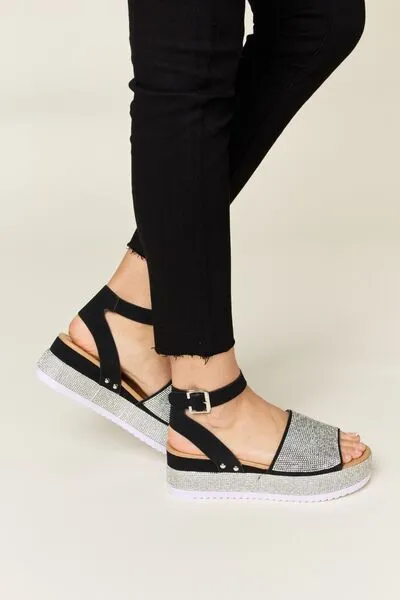 Vegan Leather Rhinestone Buckle Strappy Wedge Sandals in Black