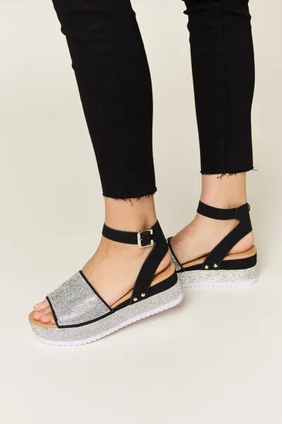 Vegan Leather Rhinestone Buckle Strappy Wedge Sandals in Black