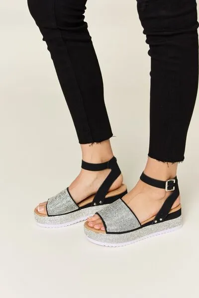 Vegan Leather Rhinestone Buckle Strappy Wedge Sandals in Black