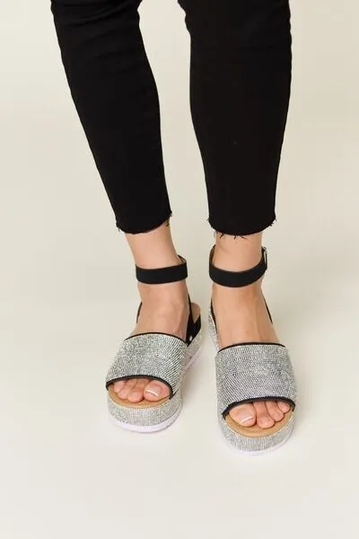 Vegan Leather Rhinestone Buckle Strappy Wedge Sandals in Black