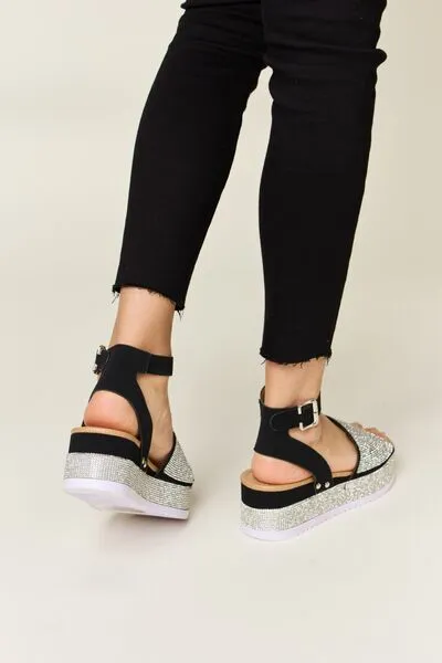 Vegan Leather Rhinestone Buckle Strappy Wedge Sandals in Black