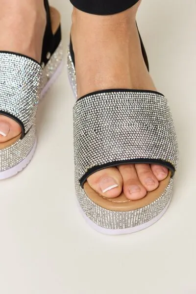 Vegan Leather Rhinestone Buckle Strappy Wedge Sandals in Black