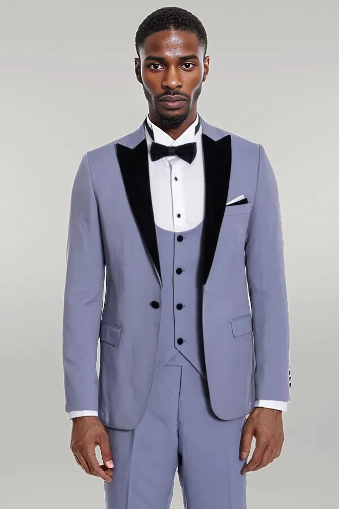 Velvet Lapel Slim Fit Light Blue Men Suit - Wessi