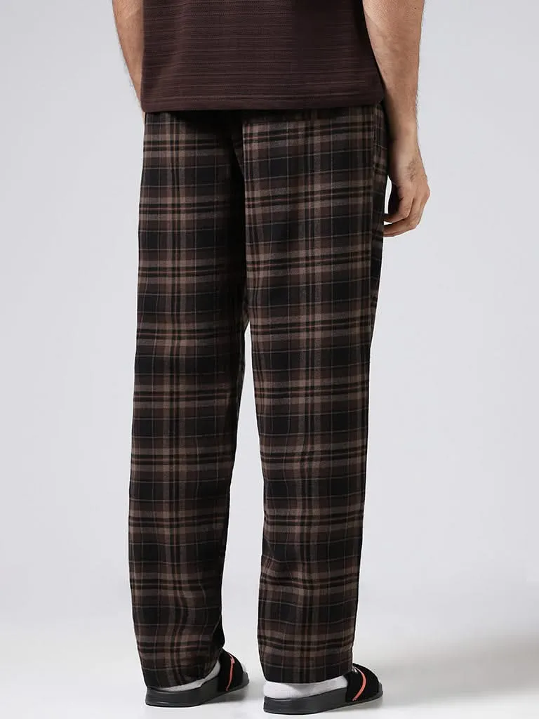 WES Lounge Brown Plaid Checked Cotton Relaxed-Fit Pyjamas