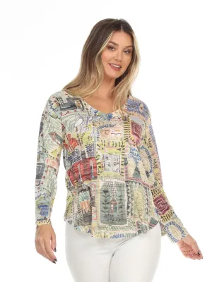 Women's Long Sleeve V Neck Top - Burnout