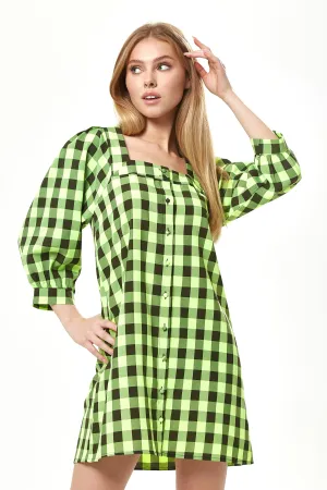 Women’s Mini Dress with Puff Sleeves in Neon Green Gingham, Button-Up Front, Oversized Fit, Playful and Chic