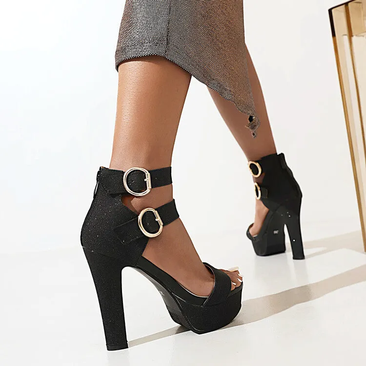Women's Sparkling Round Toe Chunky Heel Double Ankle Strap Sandals