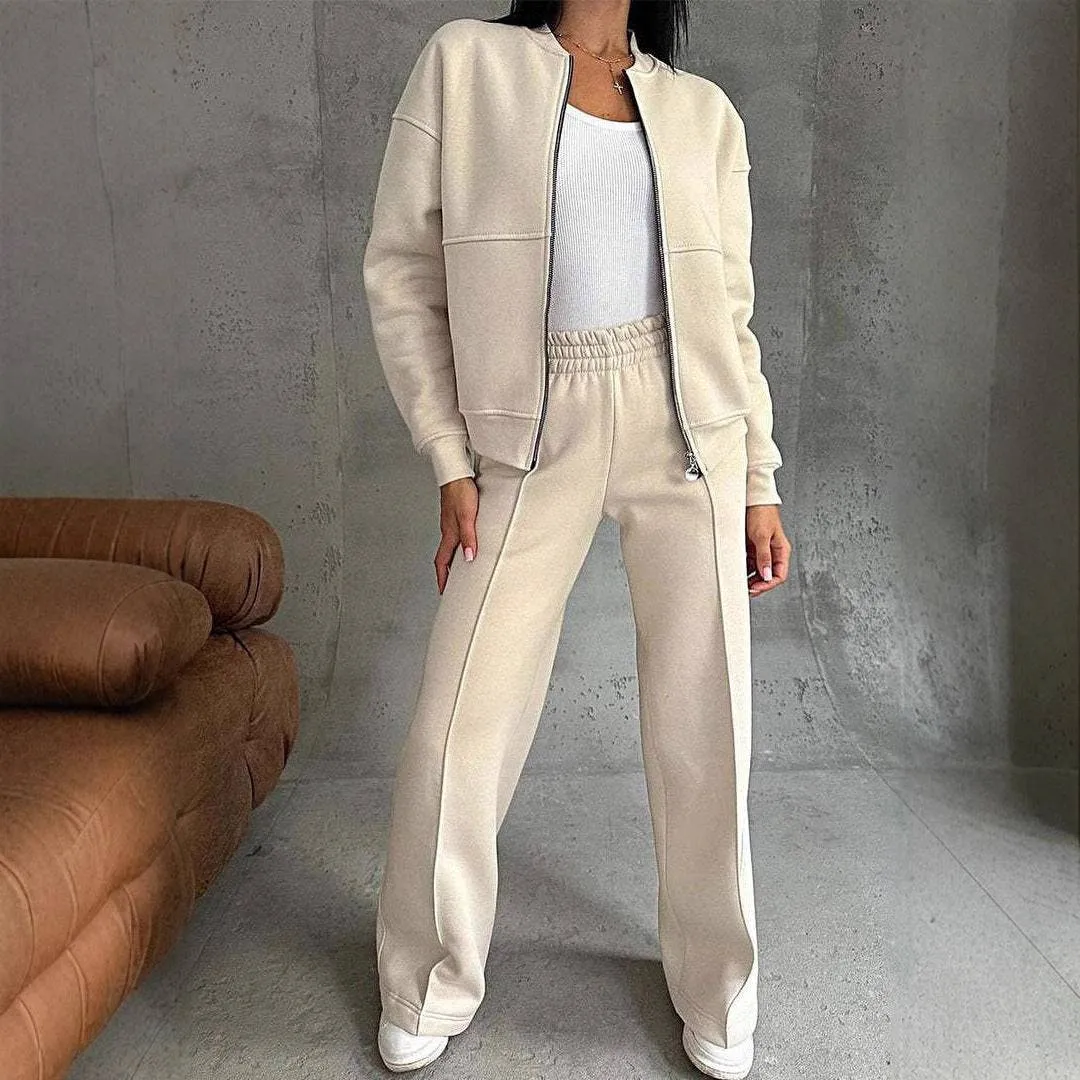 Women's Zipper Jacket & Wide-Leg Pants Two-Piece Set – Sporty Elegance Redefined
