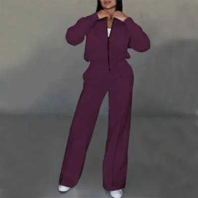 Women's Zipper Jacket & Wide-Leg Pants Two-Piece Set – Sporty Elegance Redefined