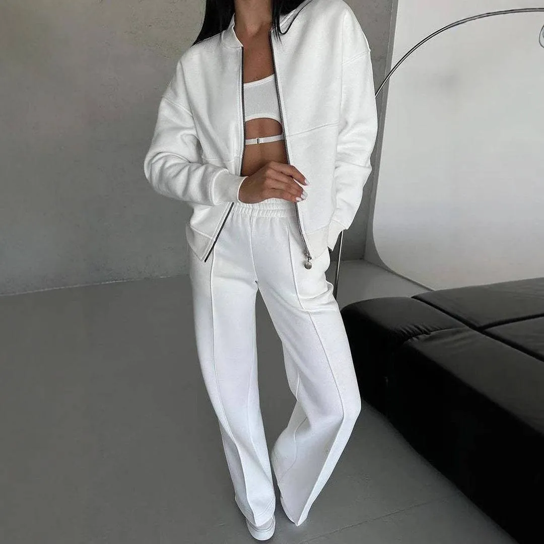 Women's Zipper Jacket & Wide-Leg Pants Two-Piece Set – Sporty Elegance Redefined