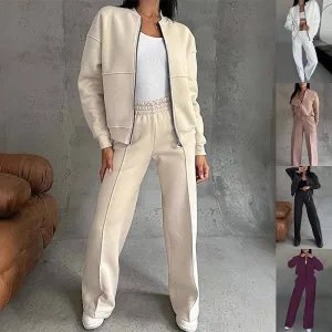 Women's Zipper Jacket & Wide-Leg Pants Two-Piece Set – Sporty Elegance Redefined