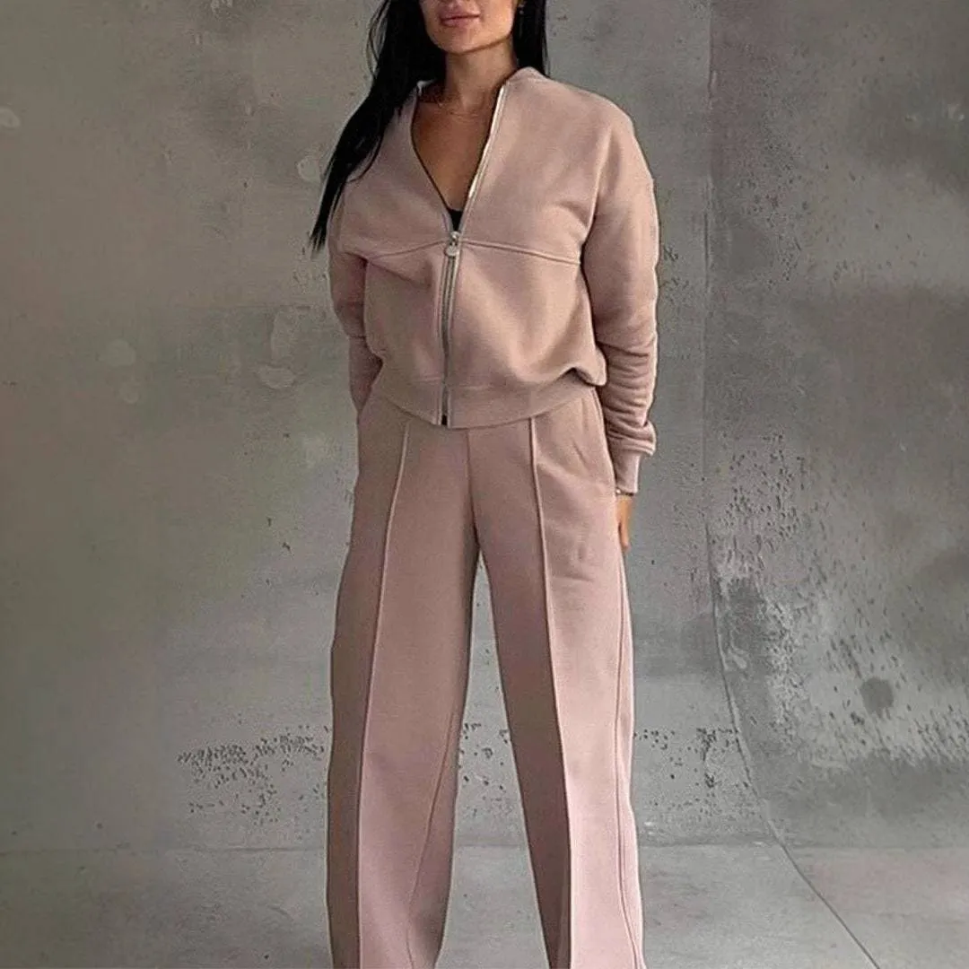 Women's Zipper Jacket & Wide-Leg Pants Two-Piece Set – Sporty Elegance Redefined