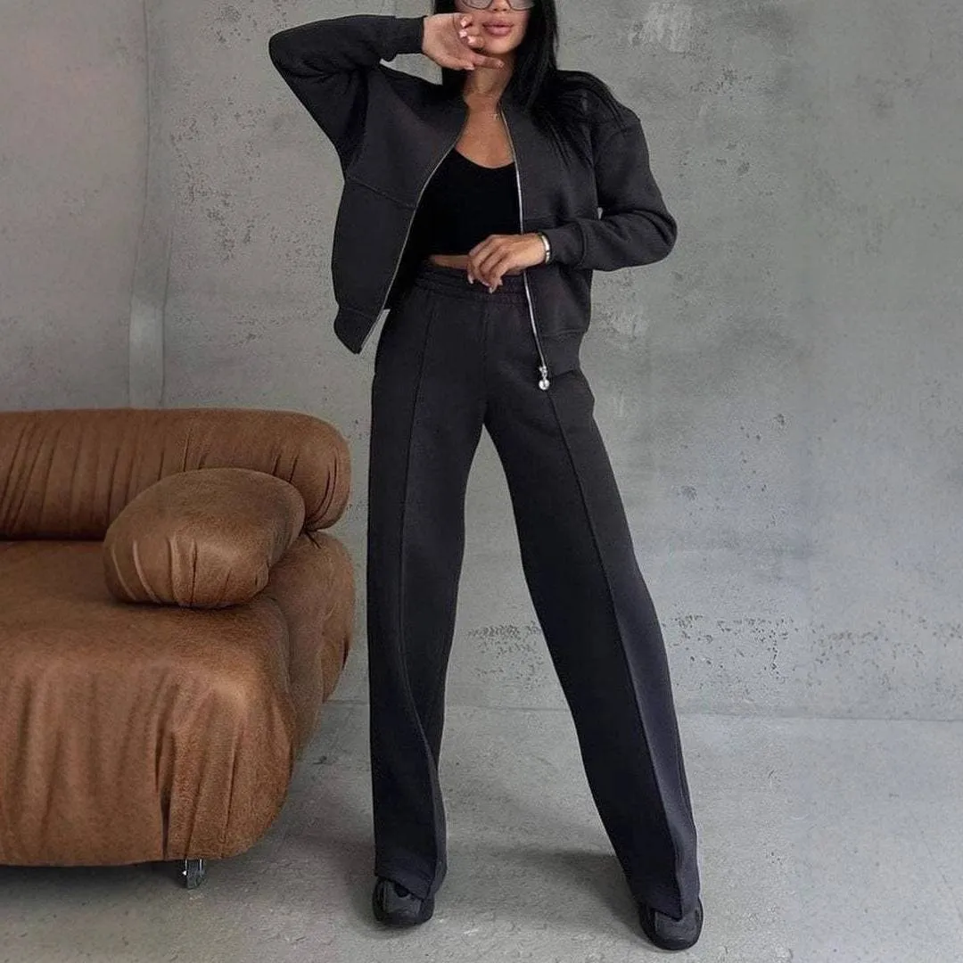 Women's Zipper Jacket & Wide-Leg Pants Two-Piece Set – Sporty Elegance Redefined