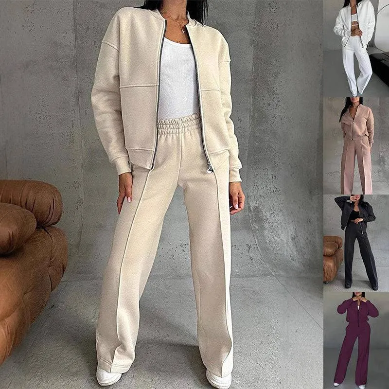 Women's Zipper Jacket & Wide-Leg Pants Two-Piece Set – Sporty Elegance Redefined
