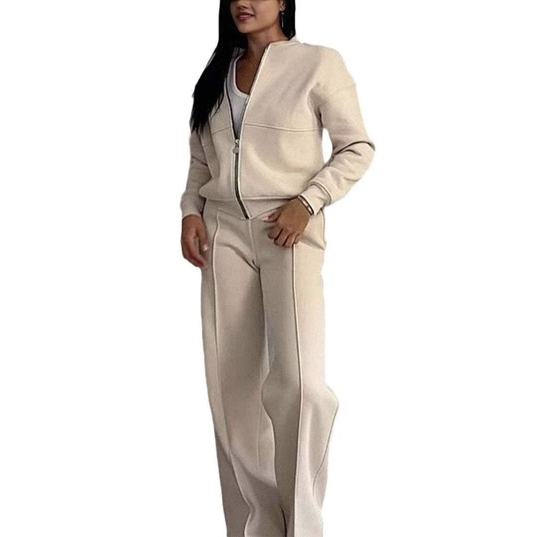 Women's Zipper Jacket & Wide-Leg Pants Two-Piece Set – Sporty Elegance Redefined