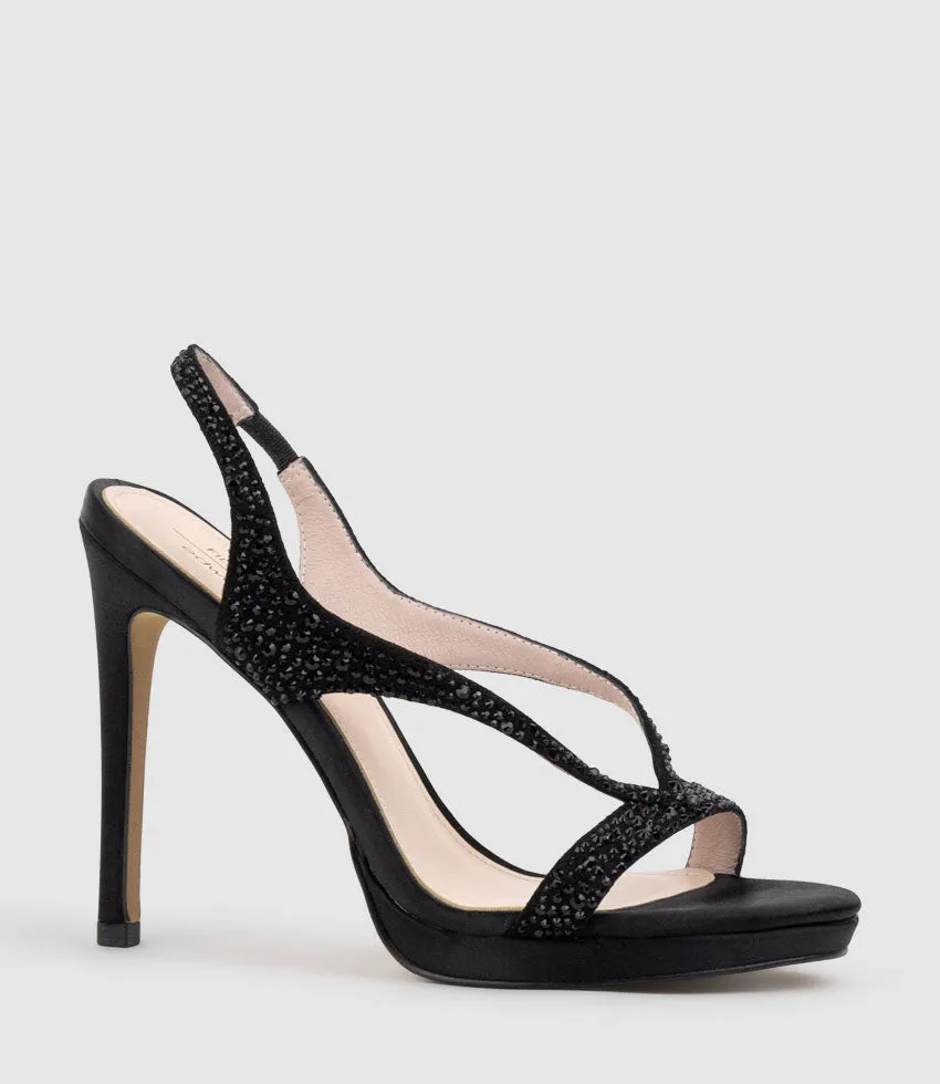 WONDER110 Jewelled Platform Sandal in Black Satin